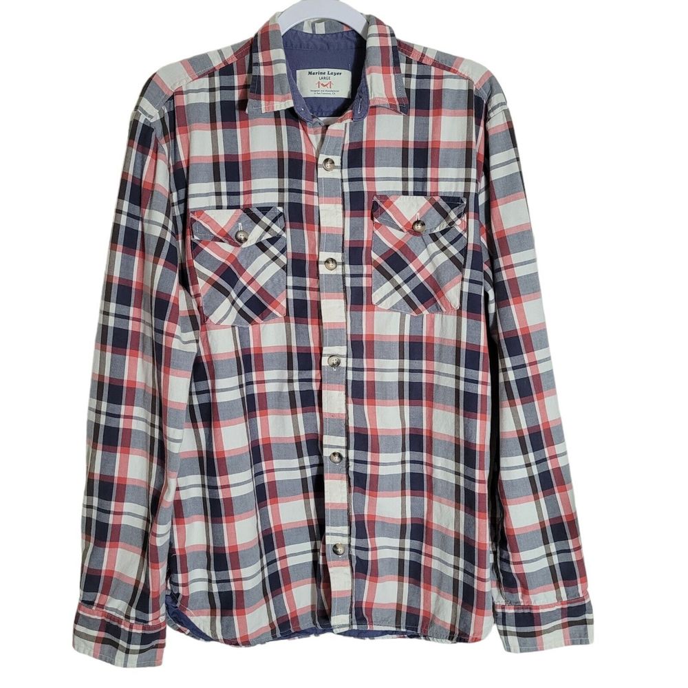 Marine Layer Red Navy and White Plaid Button-Down Shirt